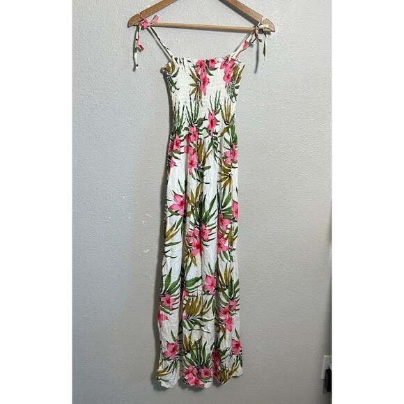 Aloha Moi Hawaii Maxi Dress One Size White Pink Floral Smocked Spaghetti Strap - Picture 3 of 7